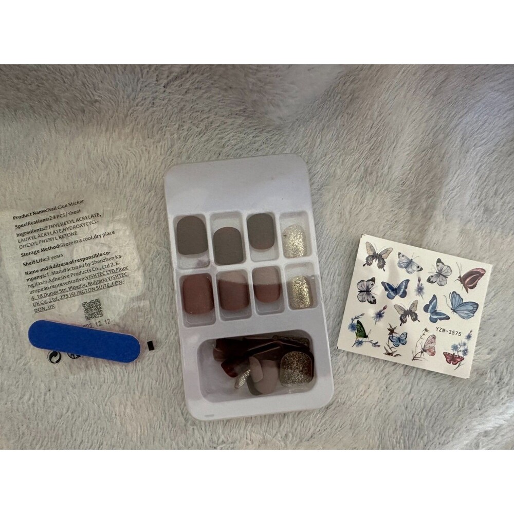Press On Nails Round Square Tip Mauve w/Gold Glitter Accent & Stickers 24 Pieces - Picture 2 of 3